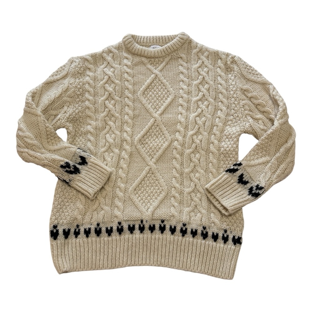 Zara Fair Isle Cream Cable Knit Fisherman Sweater with Black Accents